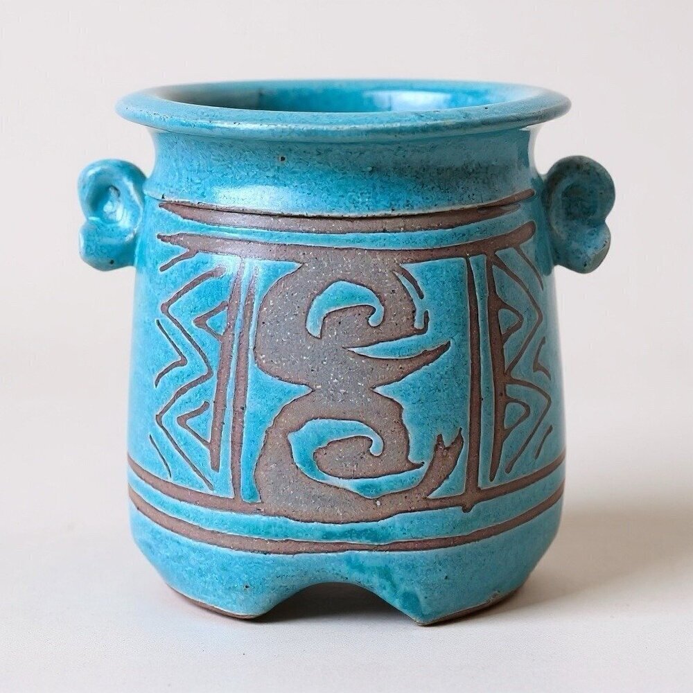 VIntage Studio Art Pottery Vase Signed Maureen Mills Blue Green Footed Base
